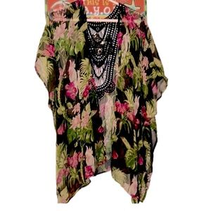 FLORAL TROPICAL MESH SEE-THROUGH KIMONO PONCHO CARDIGAN BOHO SWIMSUIT COVER